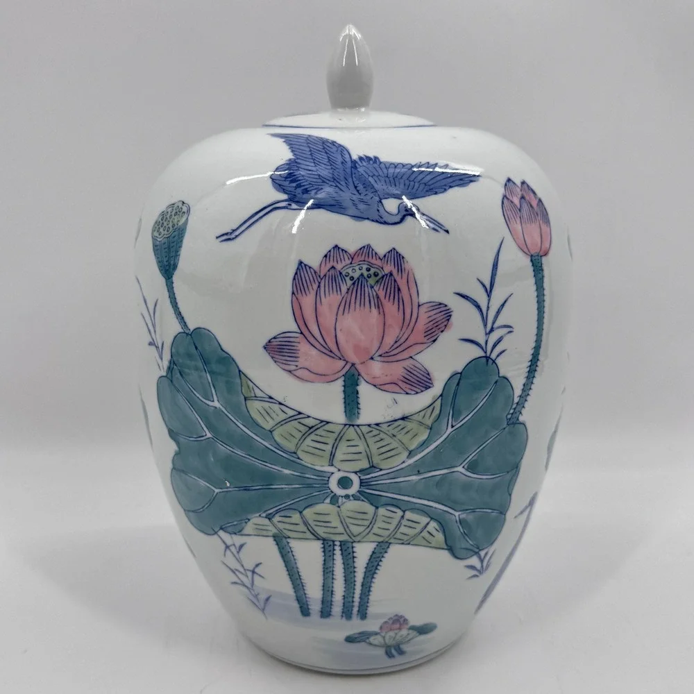 Vintage Chinese Lotus & Crane Ginger Jar Lidded Porcelain Famille Verte Style
